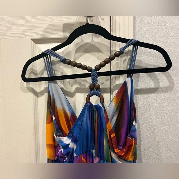 Ocean blue brand sundress/coverup with wooden beads - Picture 3 of 6